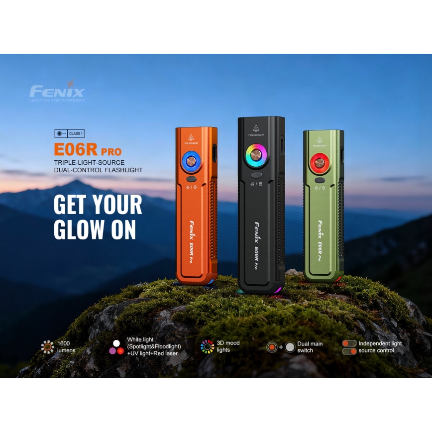 Fenix E06RPROEUOLI - Állítható fényerejű, USB-újratölthető LED zseblámpa 1650 mAh IP66 1600 lm 111 óra zöld