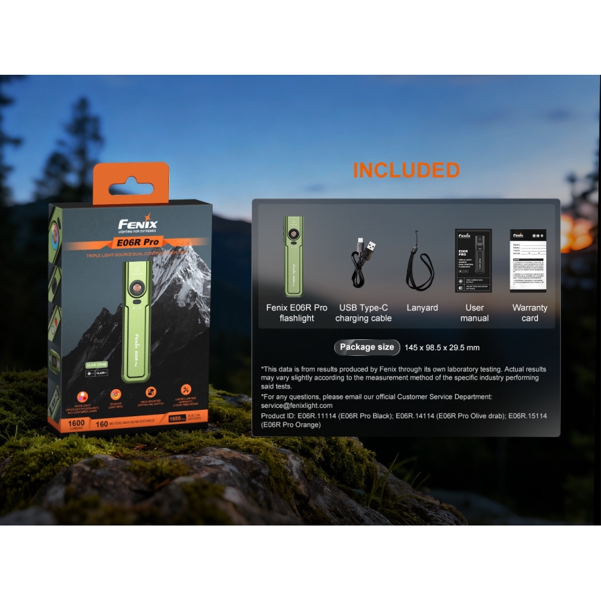 Fenix E06RPROEUOLI - Állítható fényerejű, USB-újratölthető LED zseblámpa 1650 mAh IP66 1600 lm 111 óra zöld