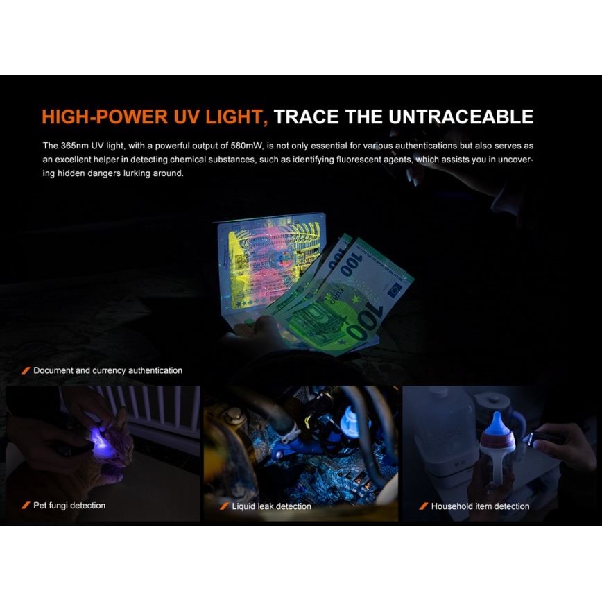 Fenix E06RTKS - LED Dimmelhető újratölthető zseblámpa UV LED/USB IP66 700 lm 60 h 750 mAh türkiz