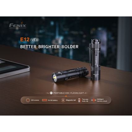 Fenix E12V30 - LED fényerőszabályzós újratölthető zseblámpa LED/1xAA 2000 mAh IP68 200 lm 100 óra fekete