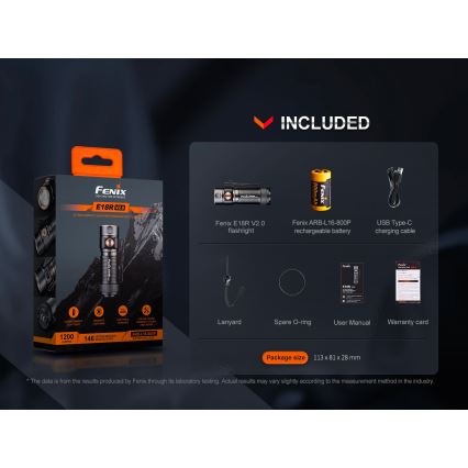 Fenix E18RV20800 - LED-es, fényerőszabályozható, újratölthető zseblámpa LED/USB/1xCR123A 800 mAh IP68 1200 lm 200 óra fekete