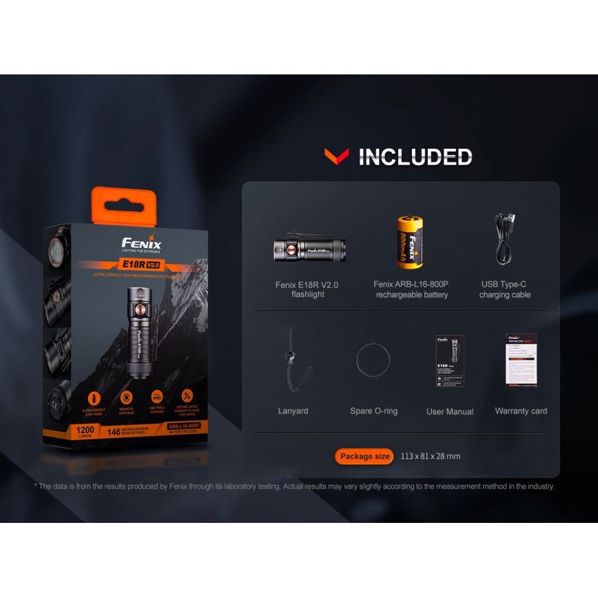 Fenix E18RV20800 - LED-es, fényerőszabályozható, újratölthető zseblámpa LED/USB/1xCR123A 800 mAh IP68 1200 lm 200 óra fekete