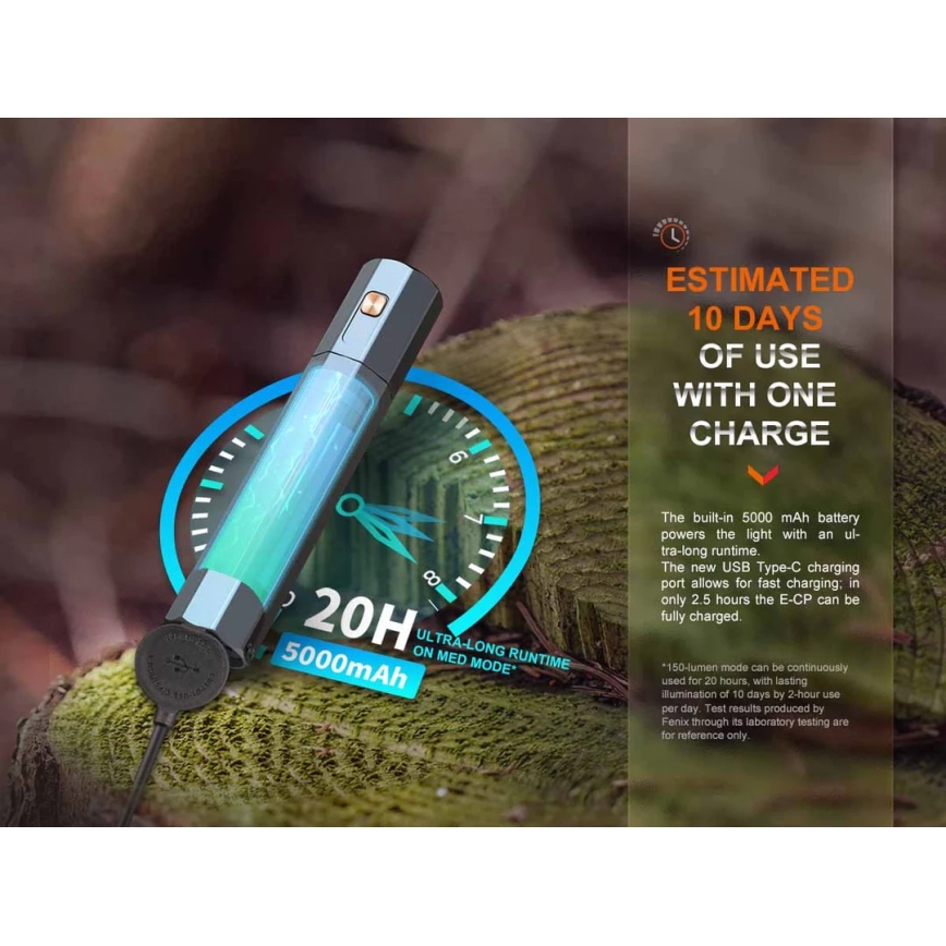 Fenix ECPBLCK - LED Tölthető zseblámpa power bankkal USB IP68 1600 fényes 504 h 5000 mAh fekete