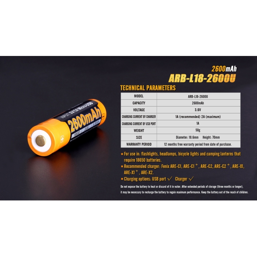 Fenix FE18650LI26USB - 1 db USB/3,6V 2600 mAh újratölthető akkumulátor