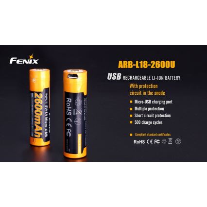 Fenix FE18650LI26USB - 1 db USB/3,6V 2600 mAh újratölthető akkumulátor
