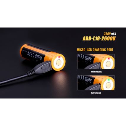 Fenix FE18650LI26USB - 1 db USB/3,6V 2600 mAh újratölthető akkumulátor