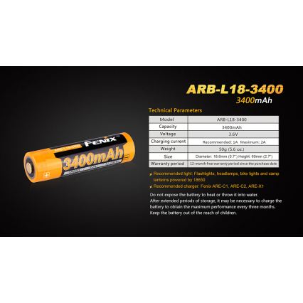 Fenix FE18650LI34 - 1 db Újratölthető akkumulátor 18650/3,6V 3400 mAh