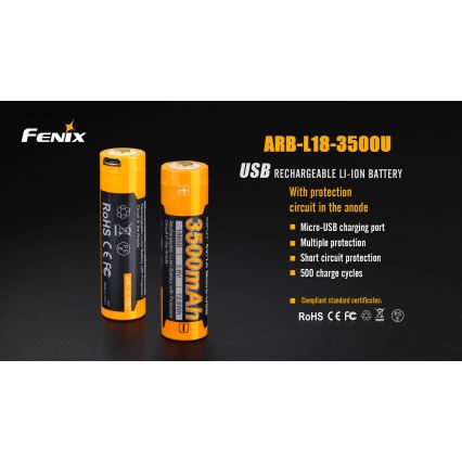 Fenix FE18650LI35USB - 1 db Újratölthető lítium-ion akkumulátor, USB-töltés, 3,6 V, 3500 mAh