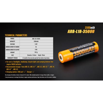 Fenix FE18650LI35USB - 1 db Újratölthető lítium-ion akkumulátor, USB-töltés, 3,6 V, 3500 mAh