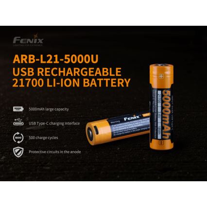Fenix FE21700USB - 1 db USB-töltésű újratölthető akkumulátor, 3,6 V, 5000 mAh