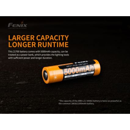Fenix FE21700USB - 1 db USB-töltésű újratölthető akkumulátor, 3,6 V, 5000 mAh