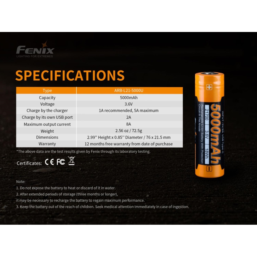 Fenix FE21700USB - 1 db USB-töltésű újratölthető akkumulátor, 3,6 V, 5000 mAh