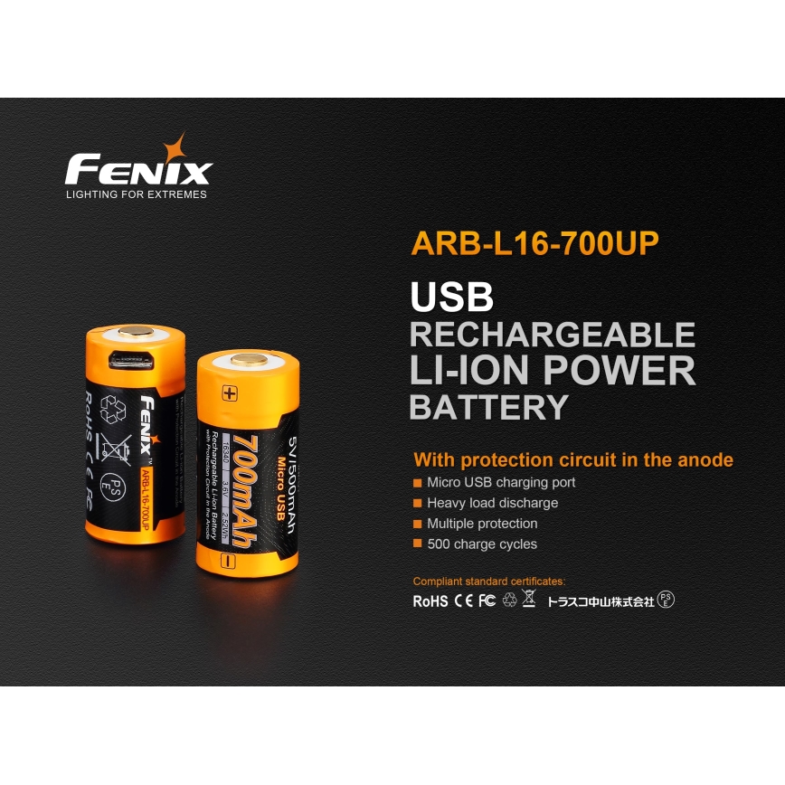 Fenix FERCR123ALIIONUP - 1 db USB-s újratölthető akkumulátor/3,6V 700 mAh