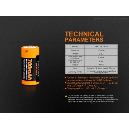 Fenix FERCR123ALIIONUP - 1 db USB-s újratölthető akkumulátor/3,6V 700 mAh