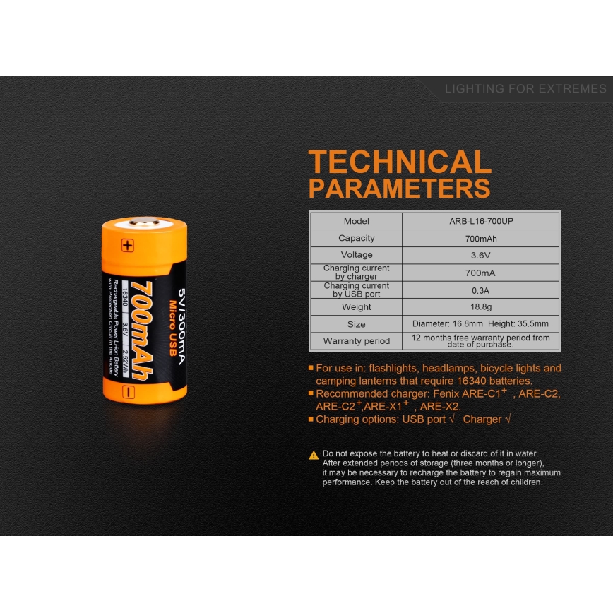 Fenix FERCR123ALIIONUP - 1 db USB-s újratölthető akkumulátor/3,6V 700 mAh