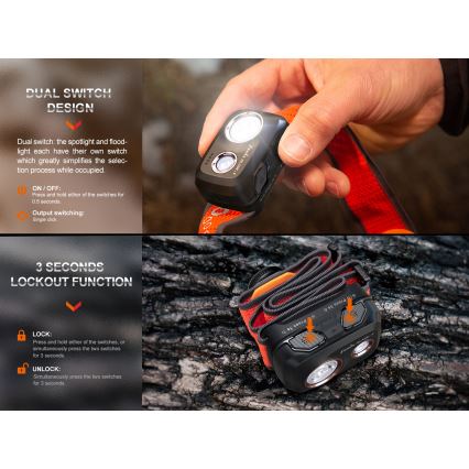 Fenix HL32RTRED - LED Tölthető fejlámpa LED/USB/3xAAA IP66 800 lm 300 h piros/narancs