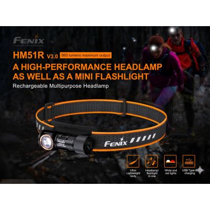 Fenix HM51RV30 - LED, fényerőszabályozható, újratölthető fejlámpa LED/USB/1xCR123A 950 mAh IP68 860 lm 125 h narancssárga