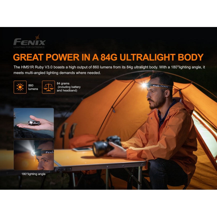 Fenix HM51RV30 - LED, fényerőszabályozható, újratölthető fejlámpa LED/USB/1xCR123A 950 mAh IP68 860 lm 125 h narancssárga
