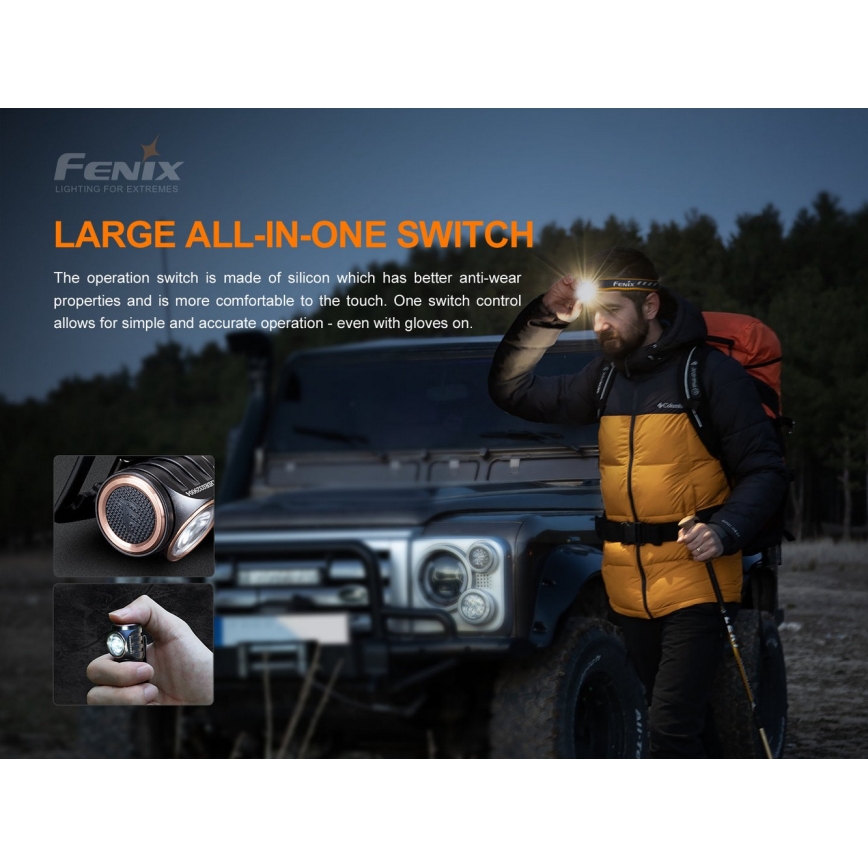 Fenix HM51RV30 - LED, fényerőszabályozható, újratölthető fejlámpa LED/USB/1xCR123A 950 mAh IP68 860 lm 125 h narancssárga