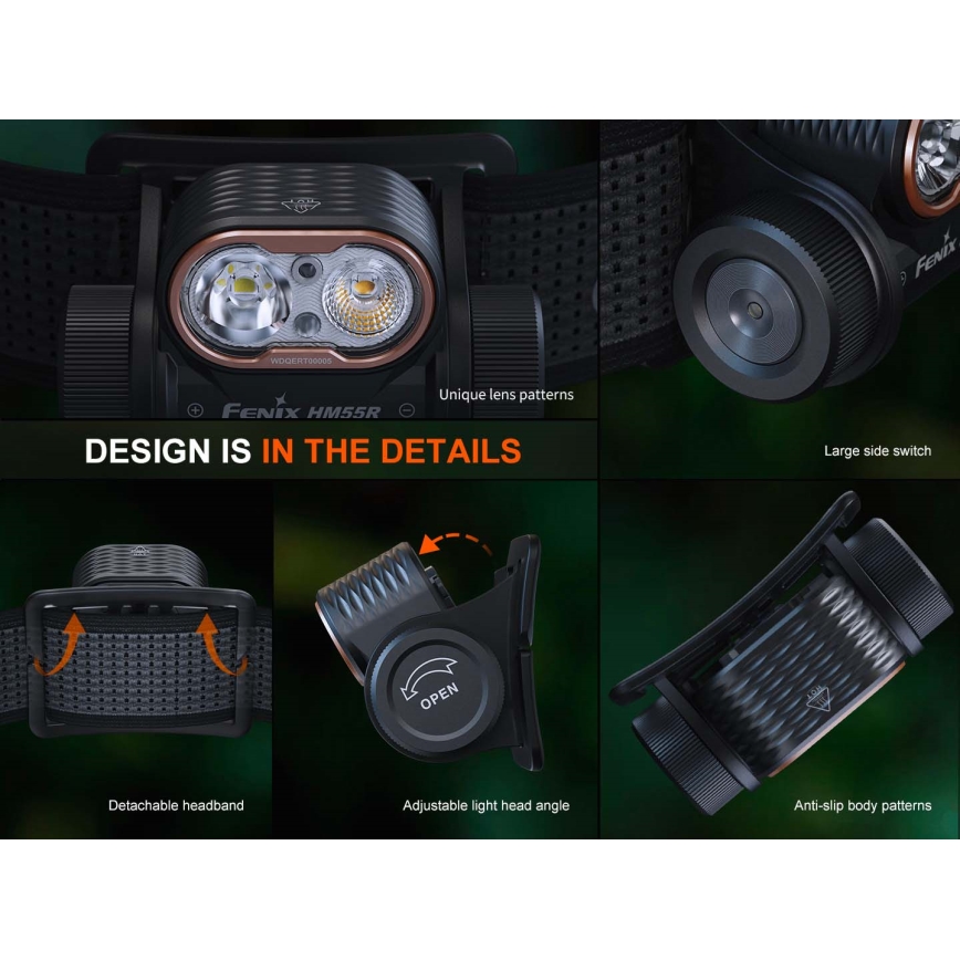 Fenix HM55RABL - LED dimmelhető újratölthető fejlámpa LED/USB/1xCR123A 1600 mAh IP68 1200 lm 141,2 h fekete