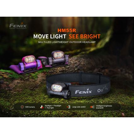 Fenix HM55RPRP - LED dimmelhető, újratölthető fejlámpa LED/USB/1xCR123A 1600 mAh IP68 1200 lm 141,2 h lila/fekete