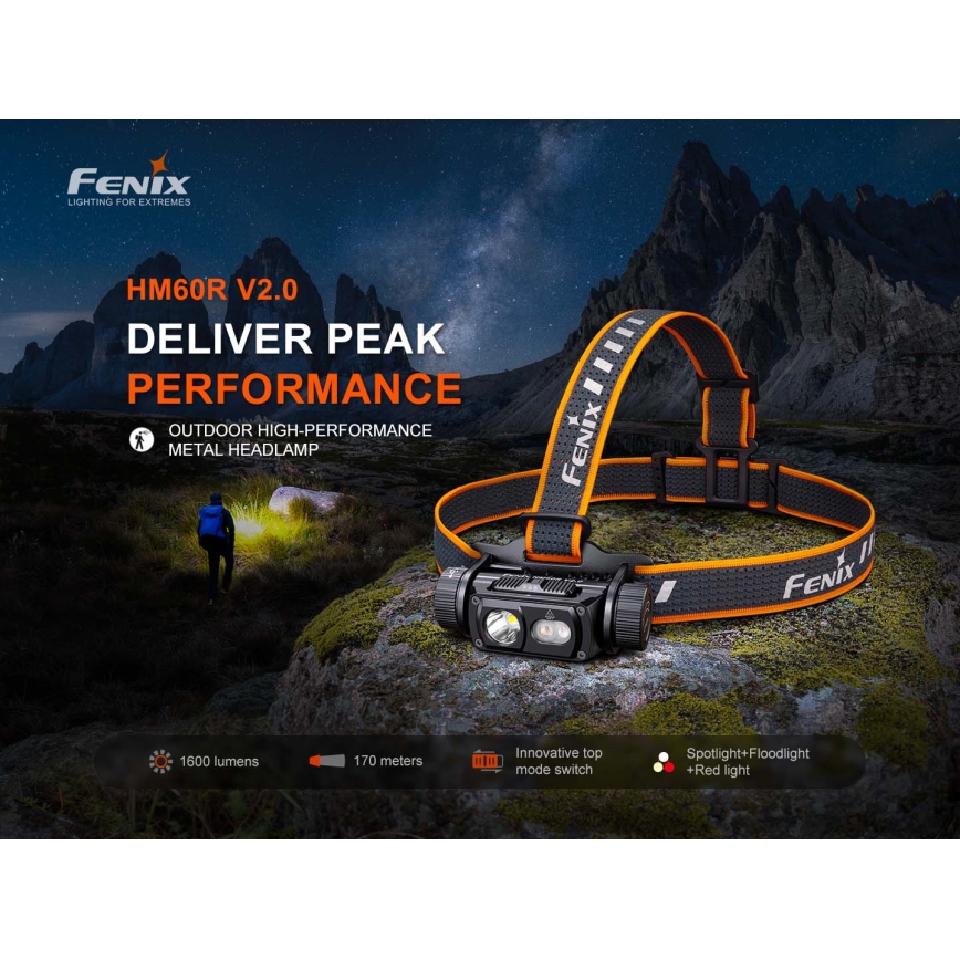 Fenix HM60RV20 - LED, fényerőszabályozható, USB-s újratölthető fejlámpa, 4000 mAh, IP68, 1600 lm, 292 h, narancssárga