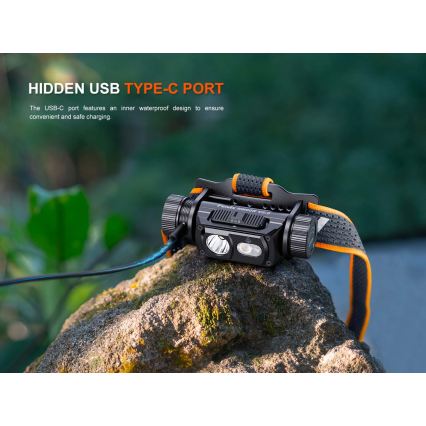Fenix HM60RV20 - LED, fényerőszabályozható, USB-s újratölthető fejlámpa, 4000 mAh, IP68, 1600 lm, 292 h, narancssárga