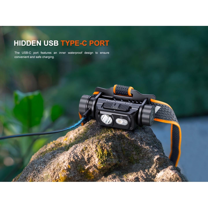 Fenix HM60RV20 - LED, fényerőszabályozható, USB-s újratölthető fejlámpa, 4000 mAh, IP68, 1600 lm, 292 h, narancssárga