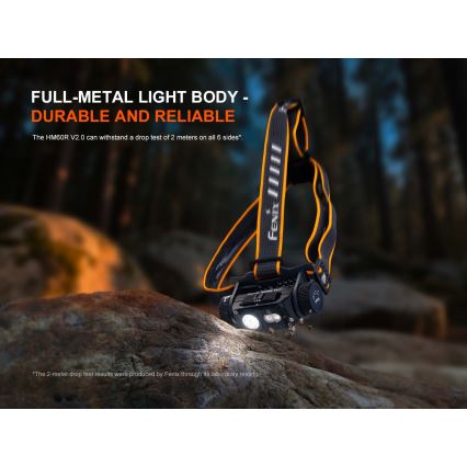 Fenix HM60RV20 - LED, fényerőszabályozható, USB-s újratölthető fejlámpa, 4000 mAh, IP68, 1600 lm, 292 h, narancssárga