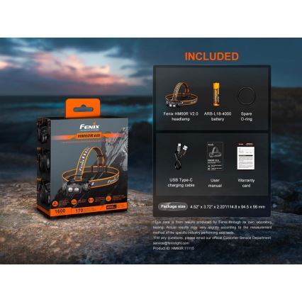Fenix HM60RV20 - LED, fényerőszabályozható, USB-s újratölthető fejlámpa, 4000 mAh, IP68, 1600 lm, 292 h, narancssárga