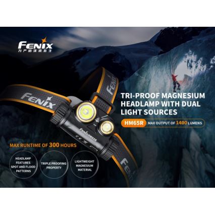 Fenix HM65R - LED Tölthető fejlámpa 2xLED/USB/2xCR123A IP68 1400 fényes 300 h 3400 mAh