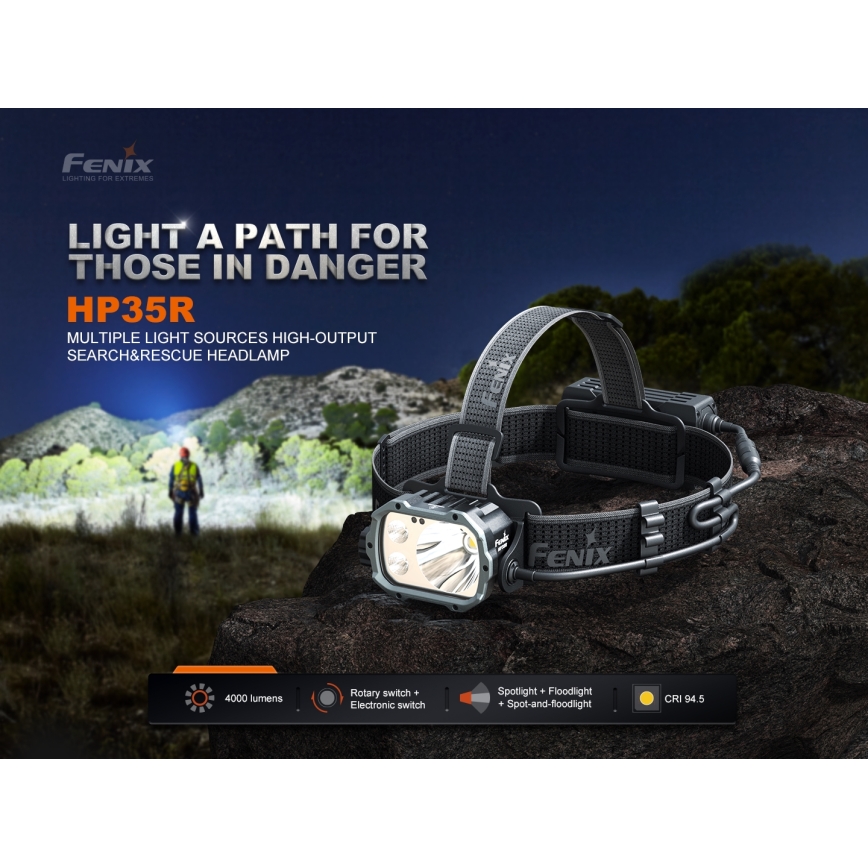 Fenix HP35R - LED, fényerőszabályozható, USB-újratölthető fejlámpa 5000 mAh IP66 4000 lm 500 h fekete