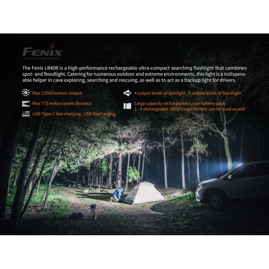Fenix LR40R - LED Újratölthető zseblámpa 19xLED/USB IP68 12000 lm 92 óra
