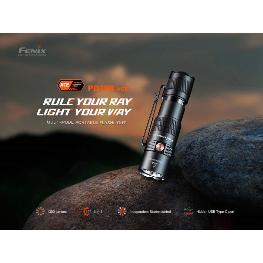 Fenix PD26RACE - LED fényerőszabályozható újratölthető zseblámpa LED/USB 1600 mAh IP68 1300 lm 556 h fekete