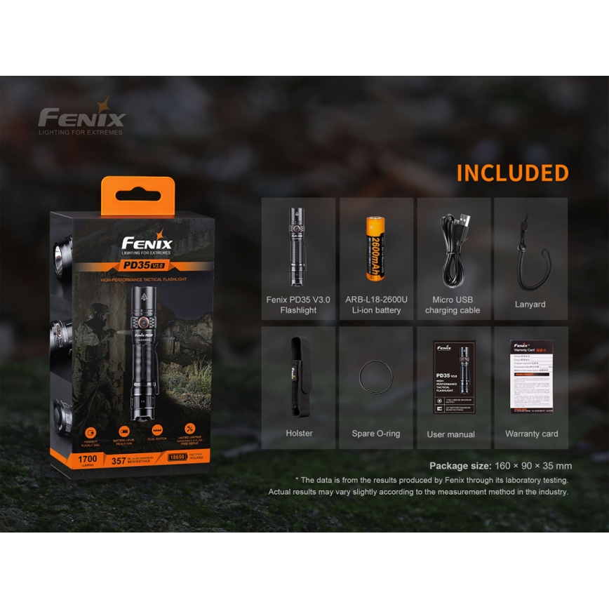 Fenix PD35V30 - LED újratölthető zseblámpa LED/USB/2xCR123A IP68 1700 lm 230 óra 2600 mAh