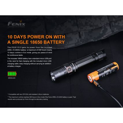 Fenix PD35V30 - LED újratölthető zseblámpa LED/USB/2xCR123A IP68 1700 lm 230 óra 2600 mAh