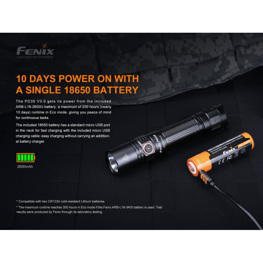 Fenix PD35V30 - LED újratölthető zseblámpa LED/USB/2xCR123A IP68 1700 lm 230 óra 2600 mAh