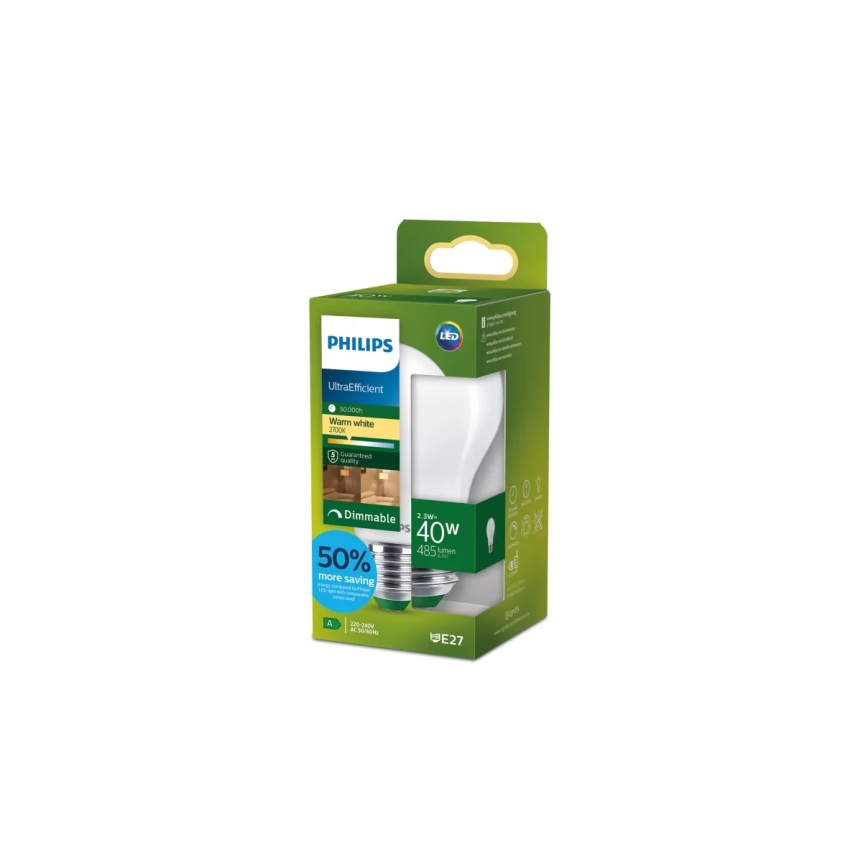 Fényerőszabályozható LED izzó ULTRAEFFICIENT Philips A60 E27/2,3W/230V 2700K