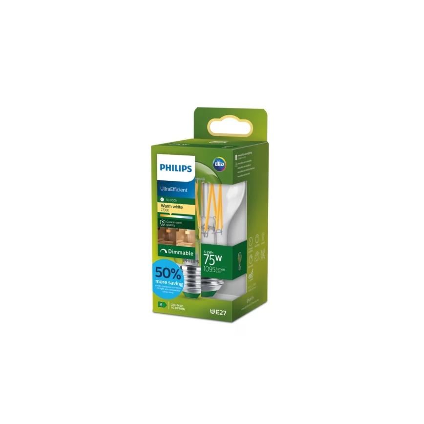 Fényerőszabályozható LED izzó ULTRAEFFICIENT VINTAGE Philips A60 E27/5,2W/230V 2700K