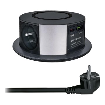 Fiókos oszlop asztallaphoz, Qi vezeték nélküli töltéssel, 3x230V + 1xUSB-A + 1xUSB-C, fekete/ezüst