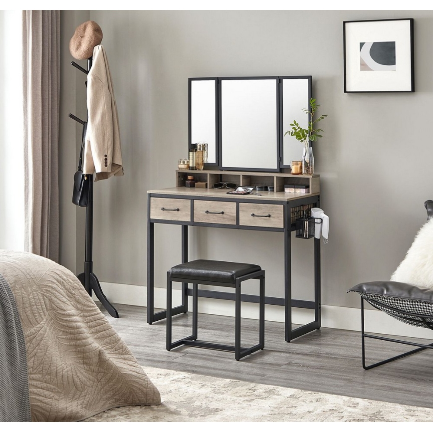 FLORA sminkasztal puffal 28,6x42 cm szürke/fekete