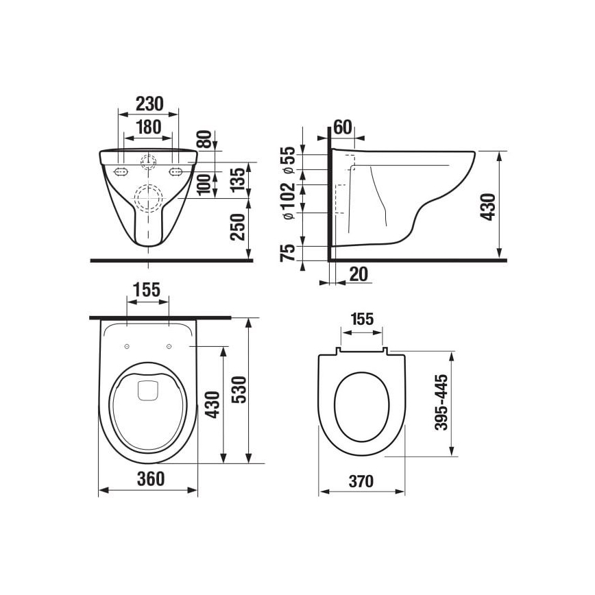 Függesztett WC LYRA perem nélküli + LYRA SoftClose WC-ülőke + DUAL öblítőgomb + beépíthető modul + szigetelő alátét