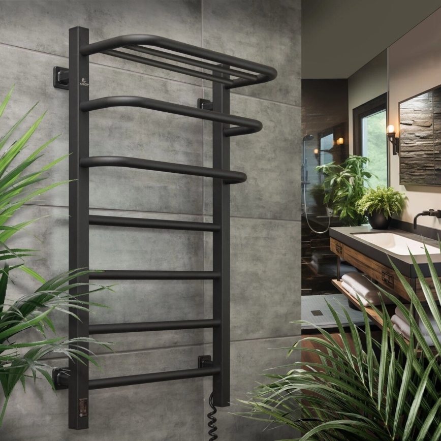 Fürdőszobai elektromos radiátor termosztáttal FORTIS 350W/230V 80,6 cm IP44 fekete jobb szögletes