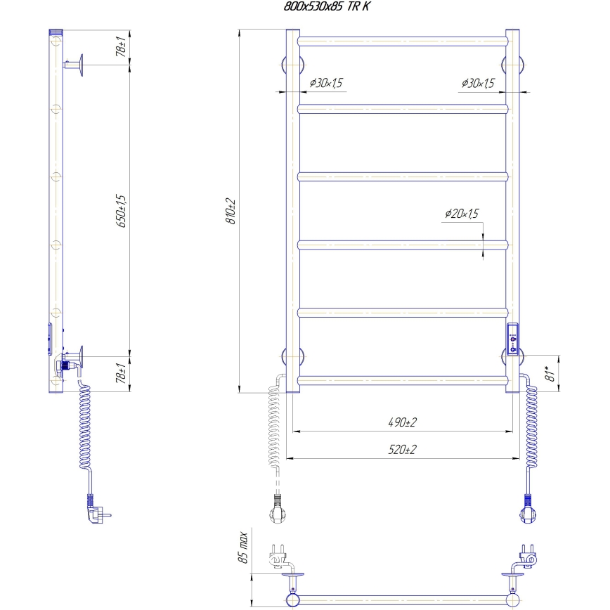 Fürdőszobai létrás törölközőszárító radiátor CLASSIC 110W/230V 81x52 cm rozsdamentes acél/fényes króm jobb oldali