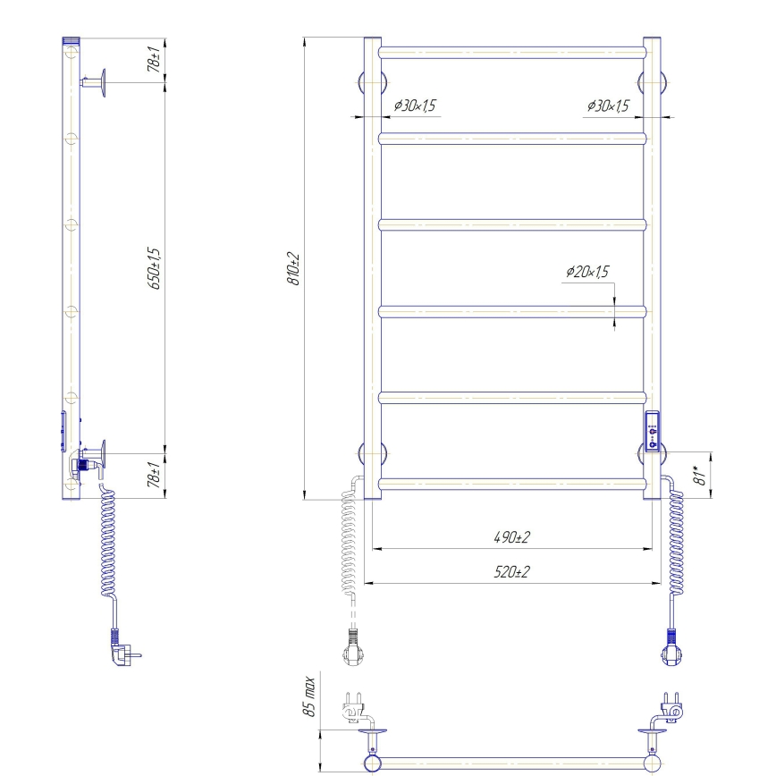 Fürdőszobai létrás törölközőszárító radiátor CLASSIC 110W/230V 81x52 cm rozsdamentes/antracit jobb oldali