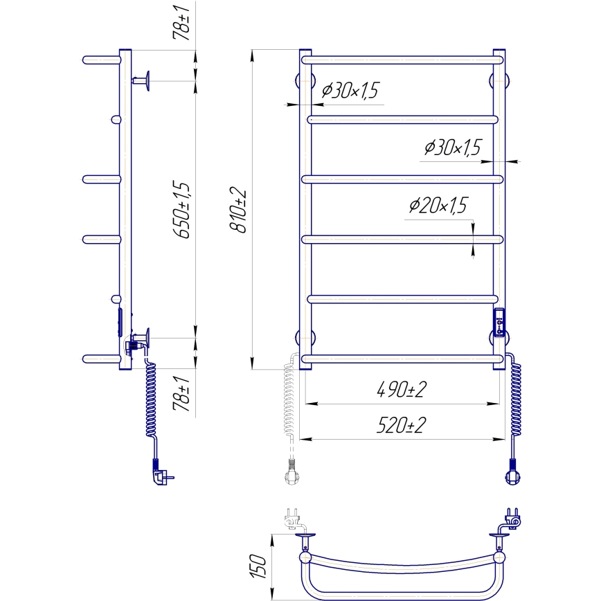 Fürdőszobai létrás törölközőszárító radiátor LUX 105W/230V 81x52 cm rozsdamentes acél/antracit jobb oldali