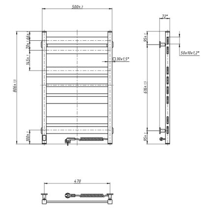 LARGO fürdőszobai törölközőszárító radiátor termosztáttal, 432 W/230 V, 80,6 cm, IP44, fekete, jobb oldali, szögletes