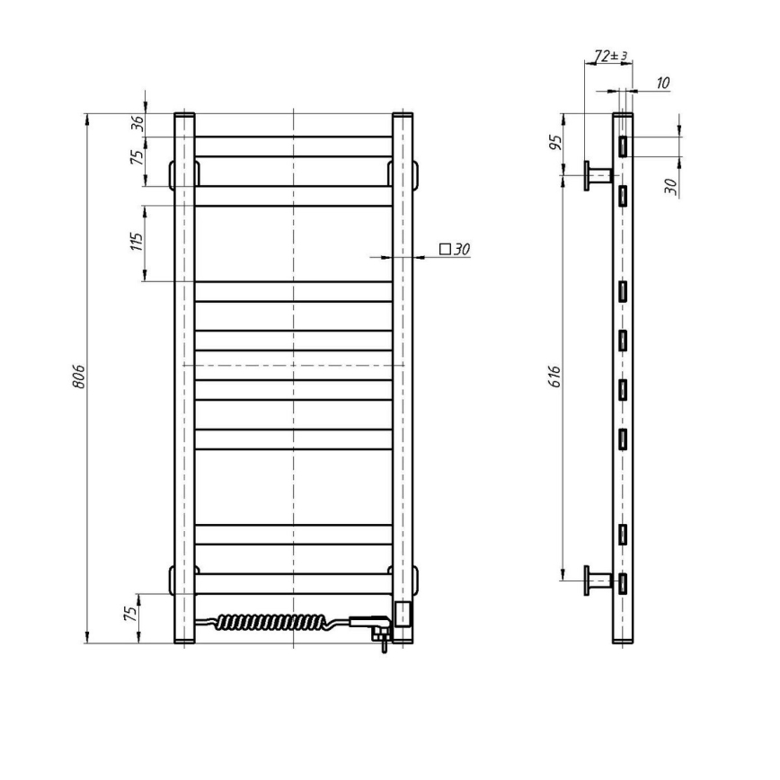 Fürdőszobai törölközőszárító radiátor AVANGARD, termosztáttal, 251W/230V, 80,6 cm, IP44, fekete, balos, szögletes