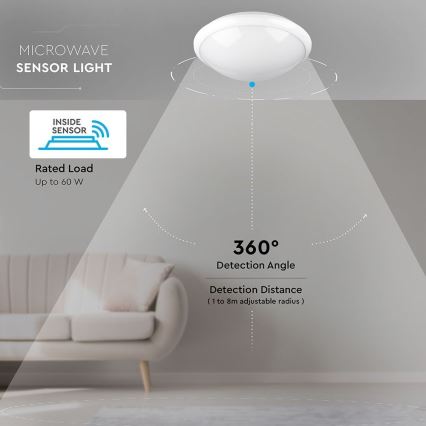 Fürdőszobai mennyezeti lámpa érzékelővel 1xE27/60W/230V IP44 ø 29,6 cm