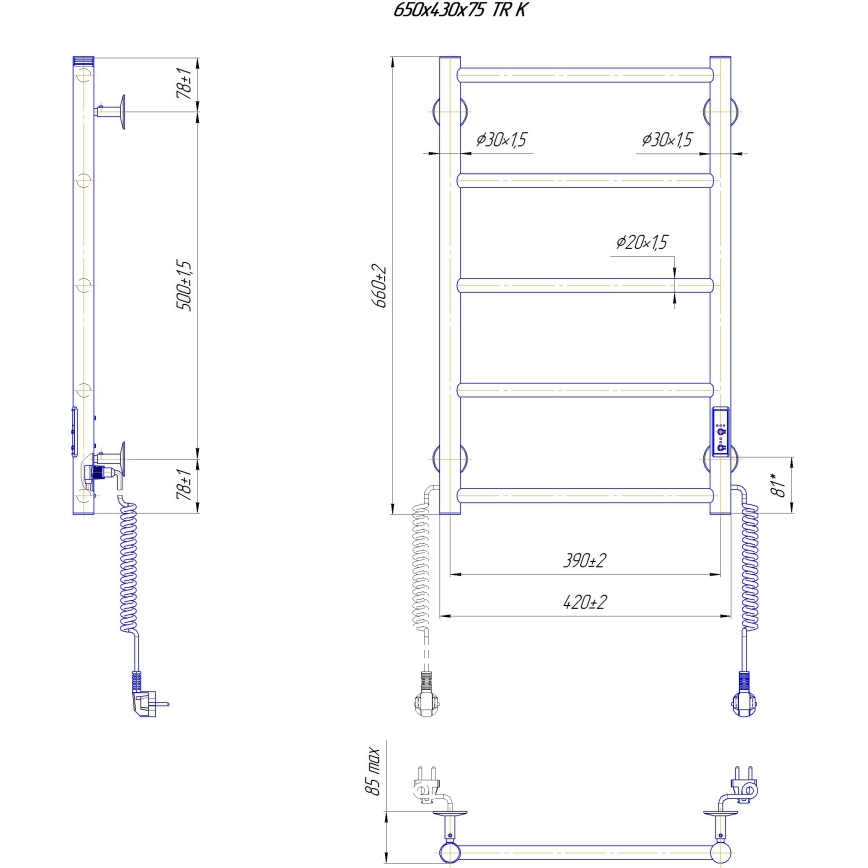 Fürdőszobai törölközőszárító radiátor CLASSIC 65W/230V 65x43 cm rozsdamentes acél/fényes króm jobb oldali